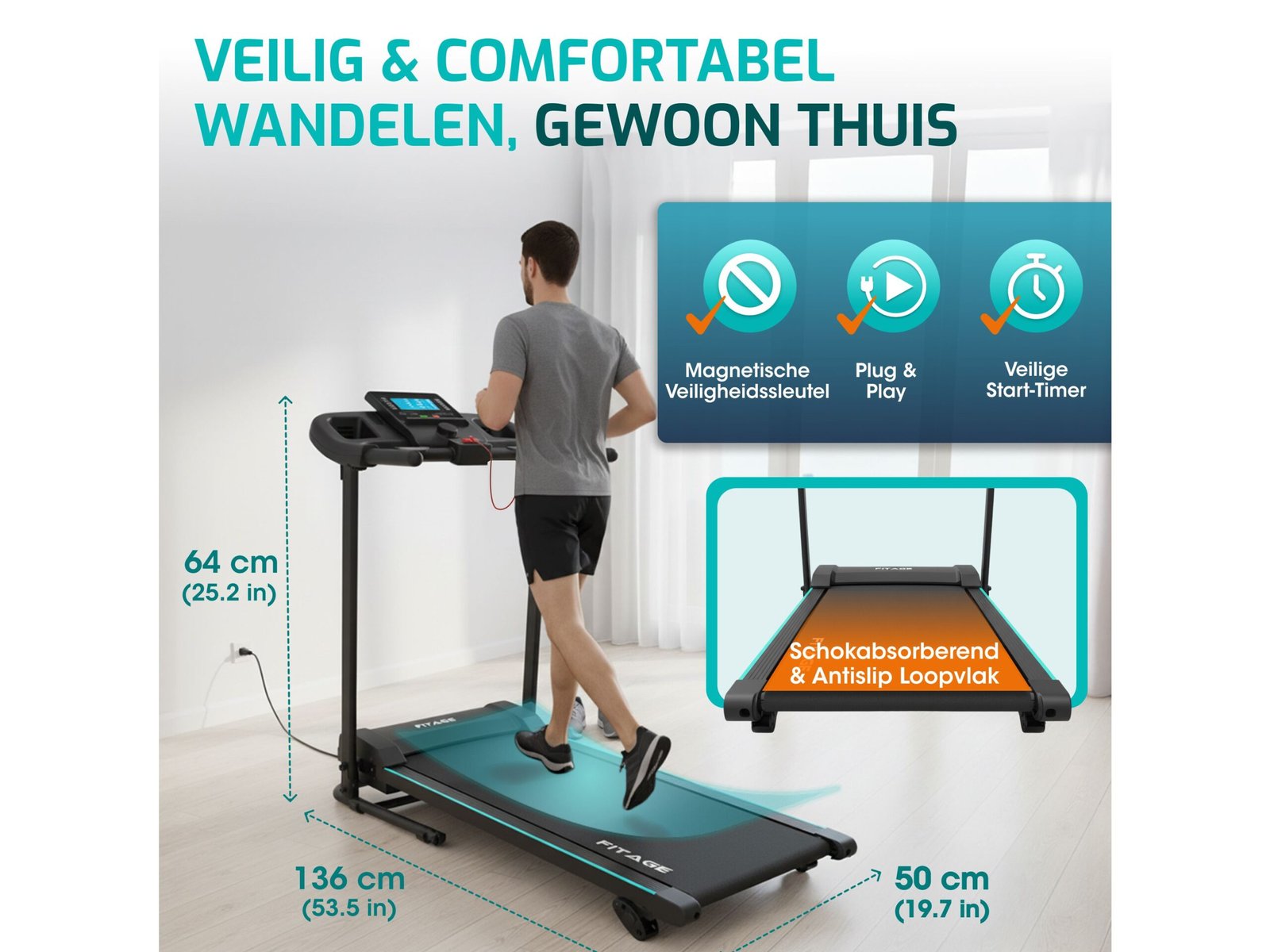 FITAGE Elektrische Loopband 12 km/u – Bluetooth – 3 Hellingstanden